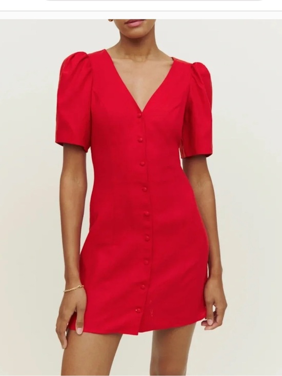 Reformation Dresses & Skirts - Reformation Red Linen Button-Front Mini Dress with Puff Sleeves